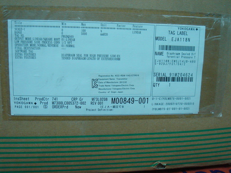 Yokogawa Diaphragm Sealed Gp Transmitter Eja118n Emsj14jb